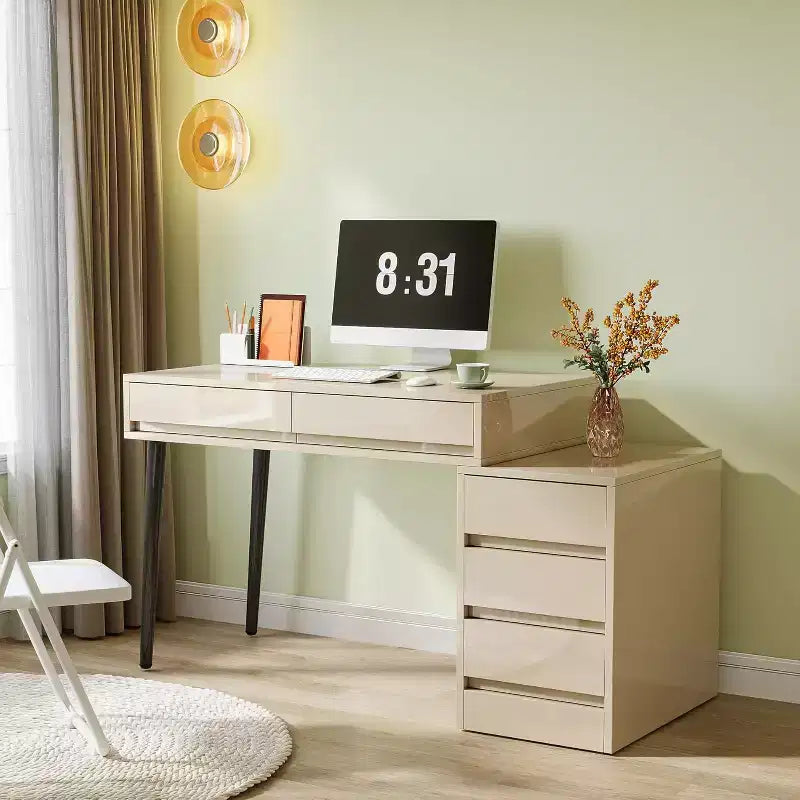Bureau blanc Lantine avec 5 tiroirs, bureau moderne pour la maison avec tiroirs de rangement et support pour imprimante