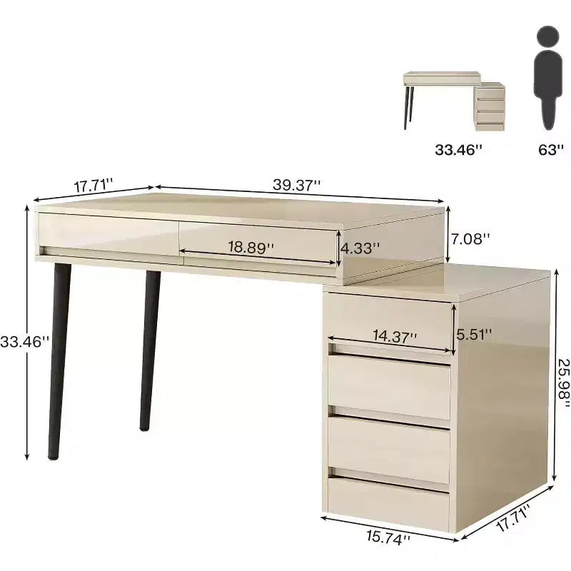 Bureau blanc Lantine avec 5 tiroirs, bureau moderne pour la maison avec tiroirs de rangement et support pour imprimante