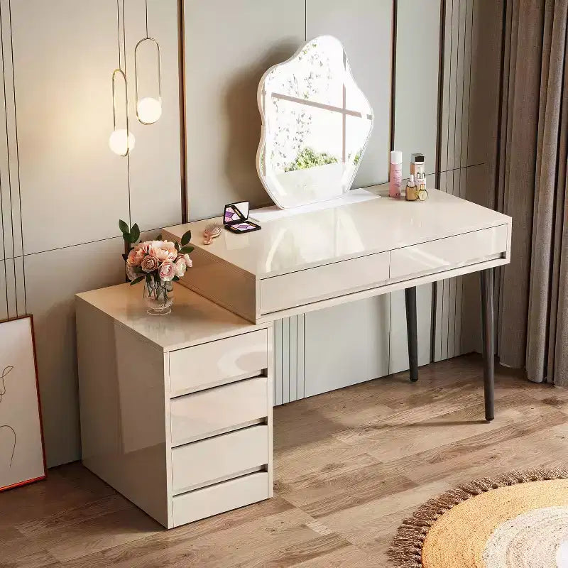 Bureau blanc Lantine avec 5 tiroirs, bureau moderne pour la maison avec tiroirs de rangement et support pour imprimante
