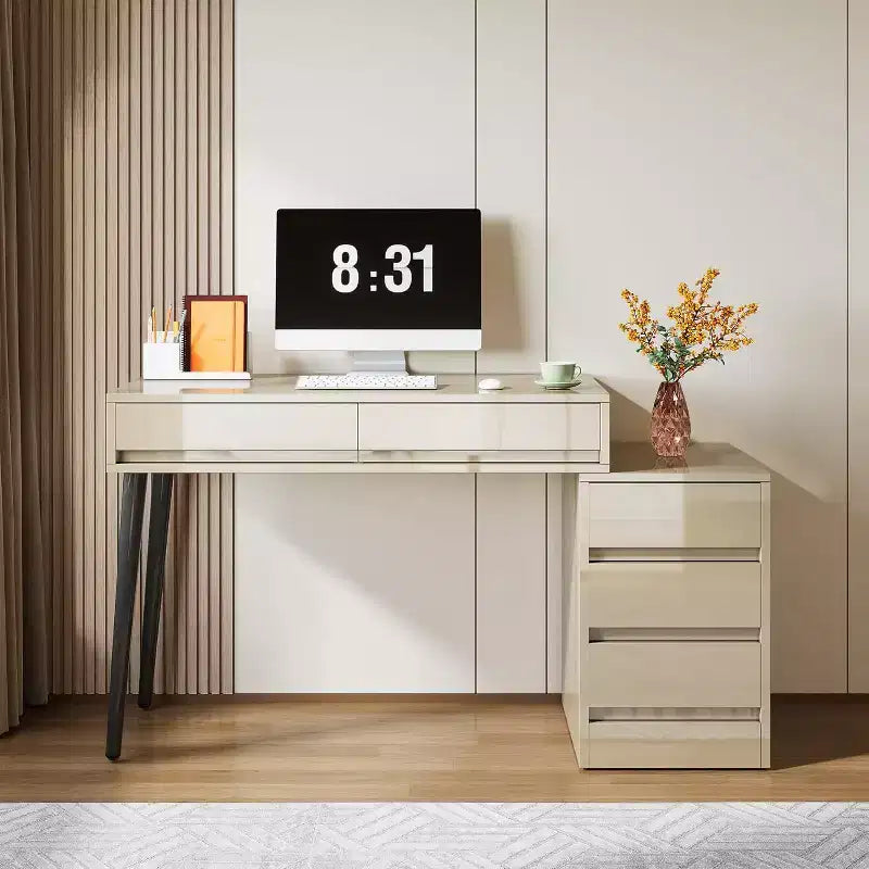 Bureau blanc Lantine avec 5 tiroirs, bureau moderne pour la maison avec tiroirs de rangement et support pour imprimante