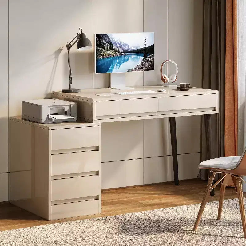 Bureau blanc Lantine avec 5 tiroirs, bureau moderne pour la maison avec tiroirs de rangement et support pour imprimante