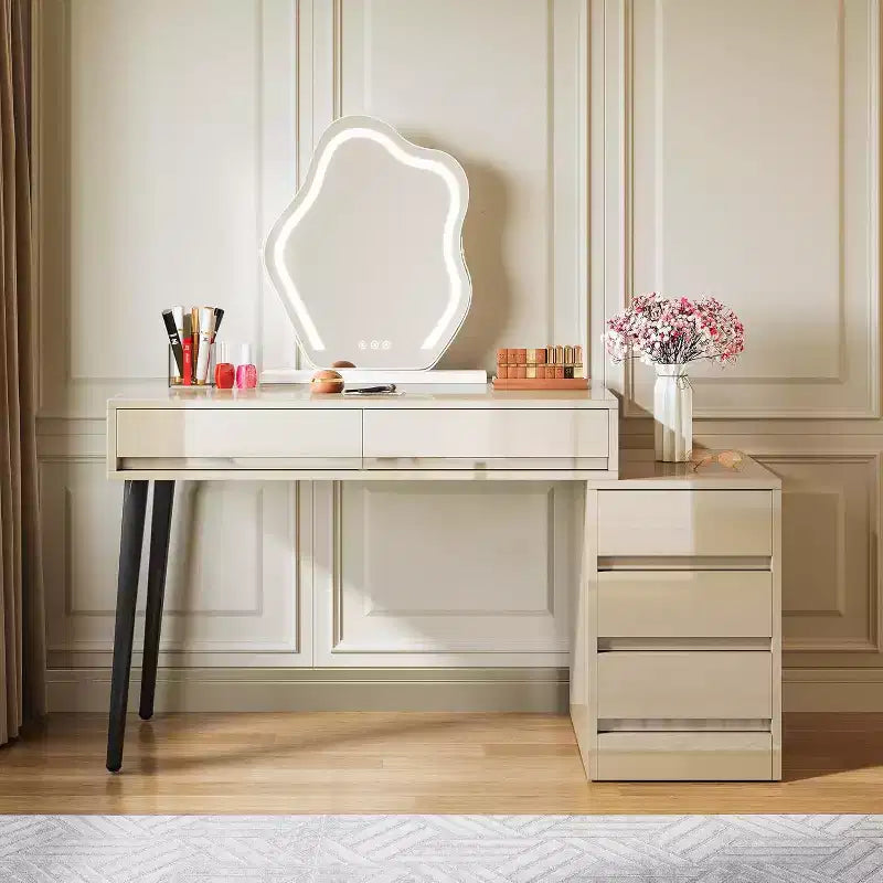Bureau blanc Lantine avec 5 tiroirs, bureau moderne pour la maison avec tiroirs de rangement et support pour imprimante
