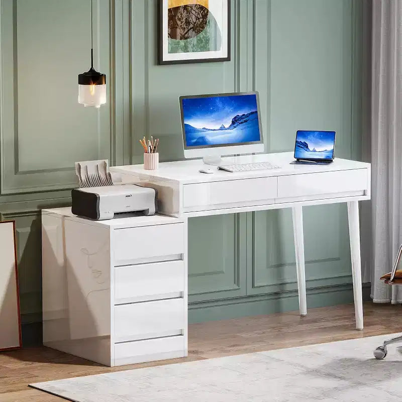 Bureau blanc Lantine avec 5 tiroirs, bureau moderne pour la maison avec tiroirs de rangement et support pour imprimante