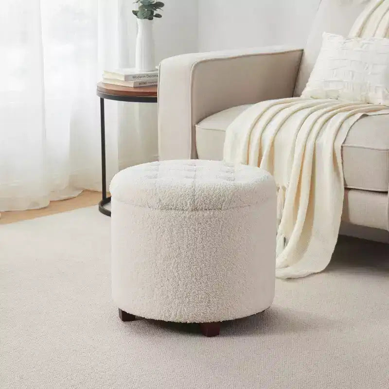 Pouff de rangement rond touffeté en bouclette Donovan Ornavo Home - Blanc
