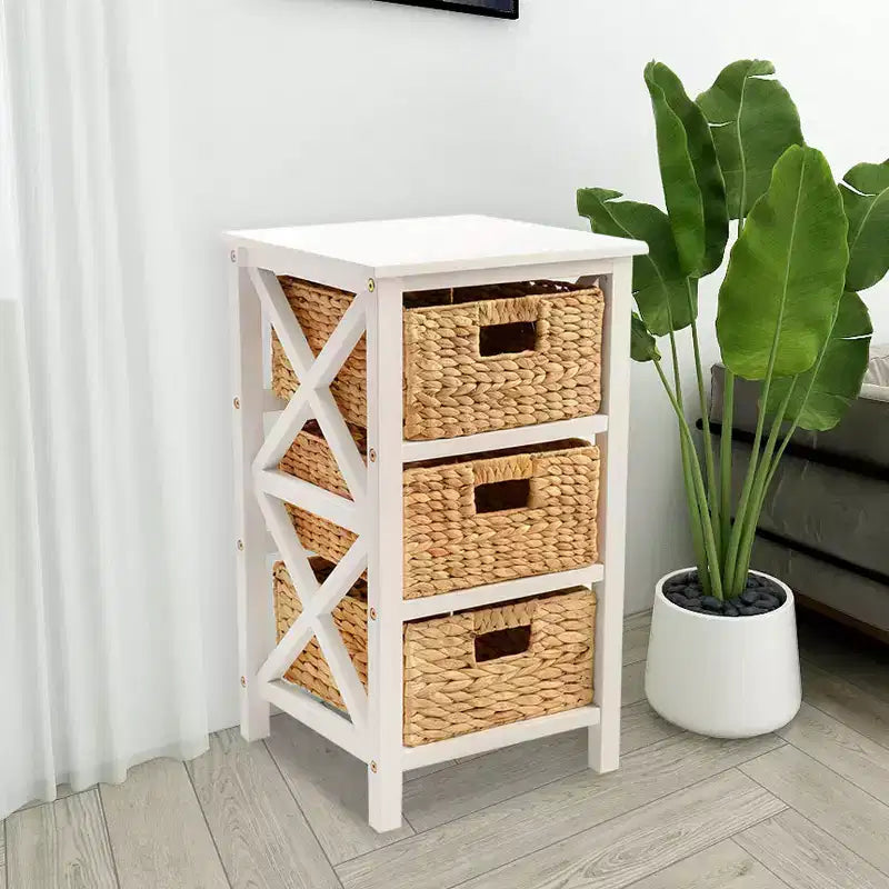 eHemco Table d'appoint/de chevet à 3 niveaux en X avec 3 paniers en jacinthe d'eau naturelle