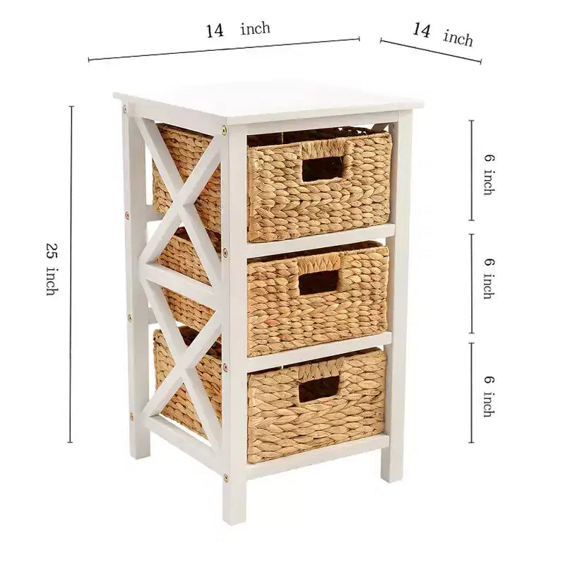 eHemco Table d'appoint/de chevet à 3 niveaux en X avec 3 paniers en jacinthe d'eau naturelle