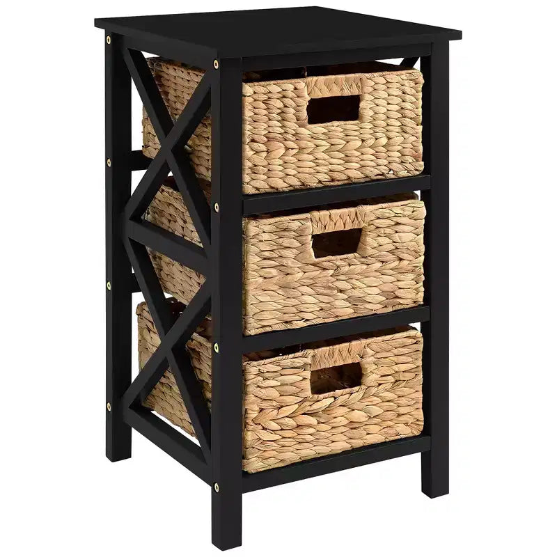 eHemco 3 Tier X-Side End Table Side Table Storage Cabinet with 3 Natural Water Hyacinth Wicker Baskets