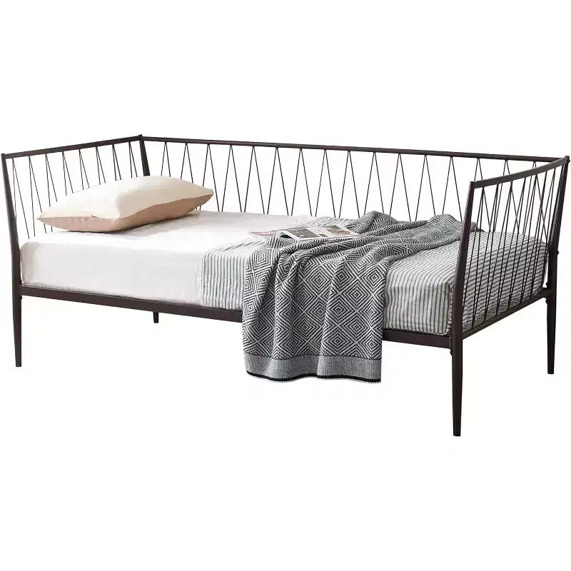 Kings Brand Furniture Cadre de Lit de Repos Moderne en Métal Taille Double avec Support de Matelas, Lit de Repos pour Salon, Chambre à Coucher, Chambre d'Invités, Bronze