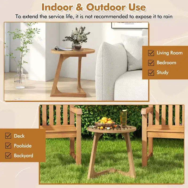 Costway Lot de 1/2 tables d'appoint rondes en bois de teck avec plateau à lattes