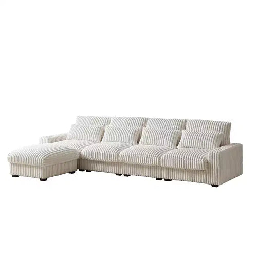 126-inch Corduroy with Cup Holder Super Large L-Shaped Sofa, Movable Footrest