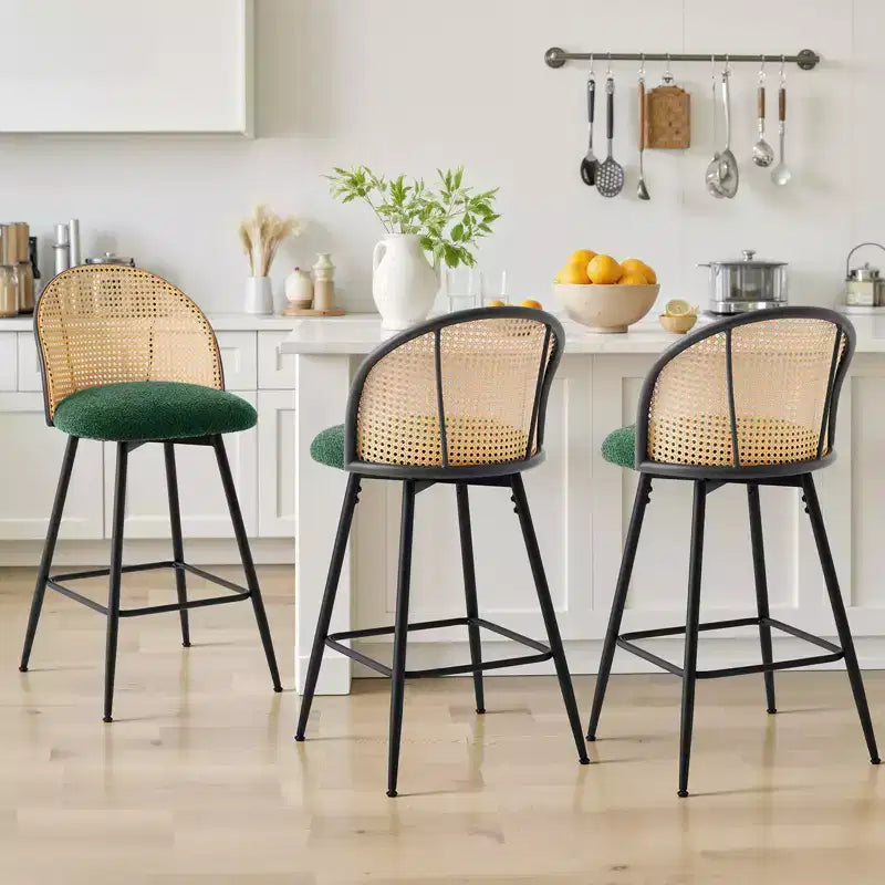 Bekrvio 26 Tabourets de Bar Pivotants Mid-Century Modern Lot de 2/3/4, Chaises de Bar Rembourrées Bouclées avec Dossier en Rotin et Pieds en Métal pour Comptoir de Cuisine