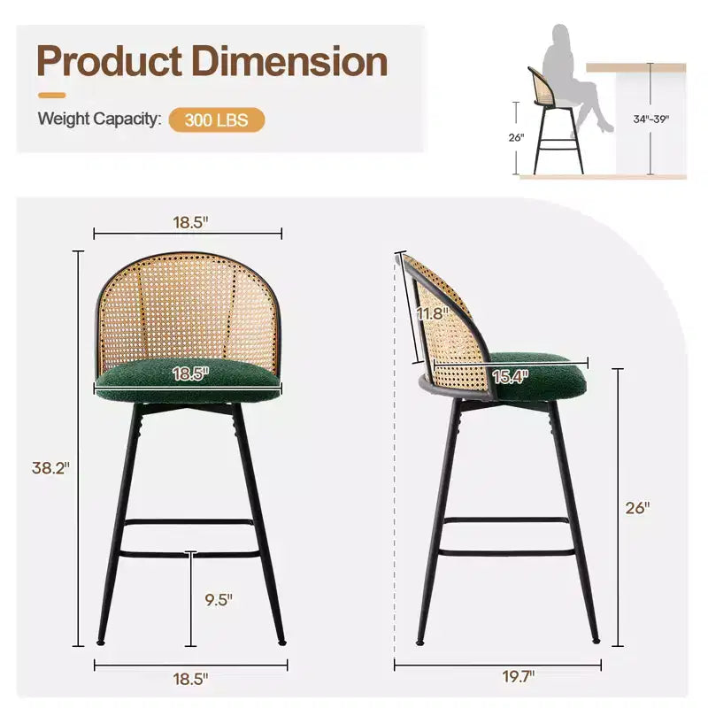 Bekrvio 26 Tabourets de Bar Pivotants Mid-Century Modern Lot de 2/3/4, Chaises de Bar Rembourrées Bouclées avec Dossier en Rotin et Pieds en Métal pour Comptoir de Cuisine