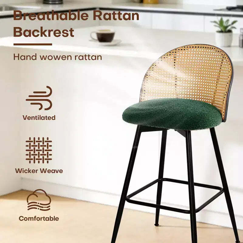 Bekrvio 26 Tabourets de Bar Pivotants Mid-Century Modern Lot de 2/3/4, Chaises de Bar Rembourrées Bouclées avec Dossier en Rotin et Pieds en Métal pour Comptoir de Cuisine