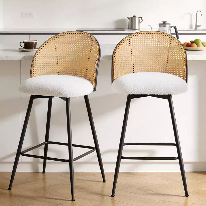 Bekrvio 26 Tabourets de Bar Pivotants Mid-Century Modern Lot de 2/3/4, Chaises de Bar Rembourrées Bouclées avec Dossier en Rotin et Pieds en Métal pour Comptoir de Cuisine