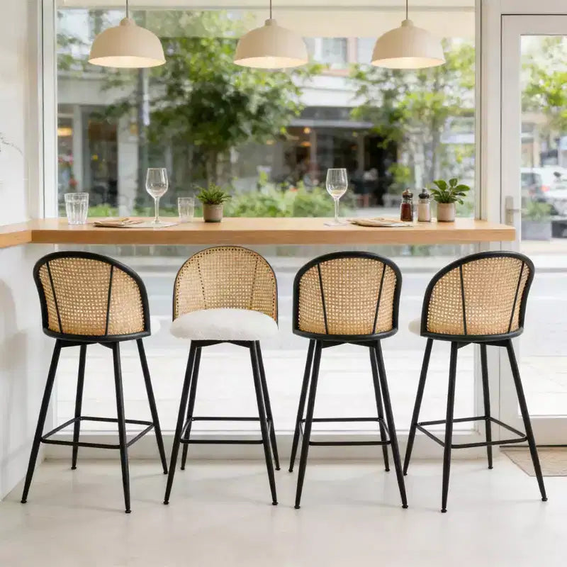 Bekrvio 26 Tabourets de Bar Pivotants Mid-Century Modern Lot de 2/3/4, Chaises de Bar Rembourrées Bouclées avec Dossier en Rotin et Pieds en Métal pour Comptoir de Cuisine