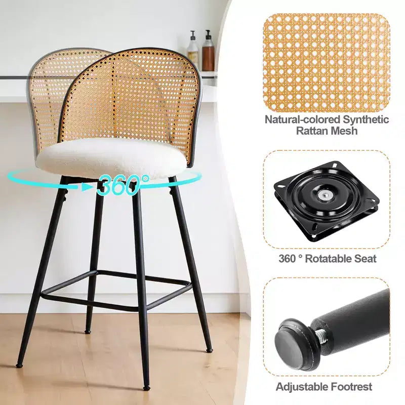 Bekrvio 26 Tabourets de Bar Pivotants Mid-Century Modern Lot de 2/3/4, Chaises de Bar Rembourrées Bouclées avec Dossier en Rotin et Pieds en Métal pour Comptoir de Cuisine