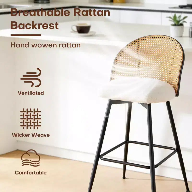 Bekrvio 26 Tabourets de Bar Pivotants Mid-Century Modern Lot de 2/3/4, Chaises de Bar Rembourrées Bouclées avec Dossier en Rotin et Pieds en Métal pour Comptoir de Cuisine