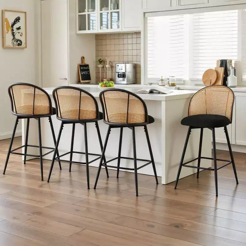 Bekrvio 26 Tabourets de Bar Pivotants Mid-Century Modern Lot de 2/3/4, Chaises de Bar Rembourrées Bouclées avec Dossier en Rotin et Pieds en Métal pour Comptoir de Cuisine