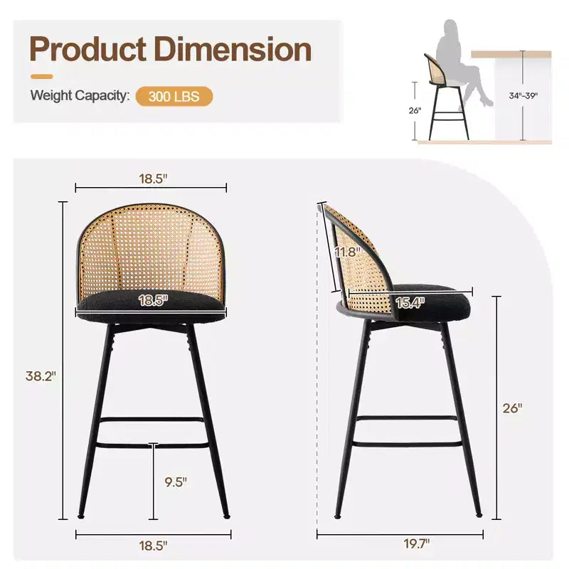 Bekrvio 26 Tabourets de Bar Pivotants Mid-Century Modern Lot de 2/3/4, Chaises de Bar Rembourrées Bouclées avec Dossier en Rotin et Pieds en Métal pour Comptoir de Cuisine