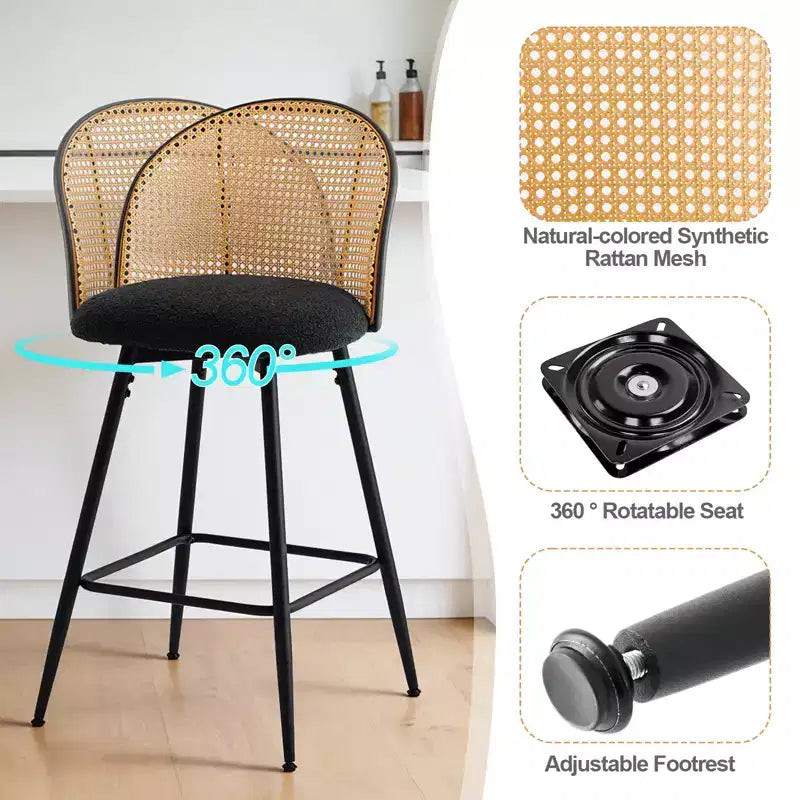 Bekrvio 26 Tabourets de Bar Pivotants Mid-Century Modern Lot de 2/3/4, Chaises de Bar Rembourrées Bouclées avec Dossier en Rotin et Pieds en Métal pour Comptoir de Cuisine