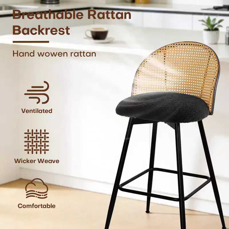 Bekrvio 26 Tabourets de Bar Pivotants Mid-Century Modern Lot de 2/3/4, Chaises de Bar Rembourrées Bouclées avec Dossier en Rotin et Pieds en Métal pour Comptoir de Cuisine
