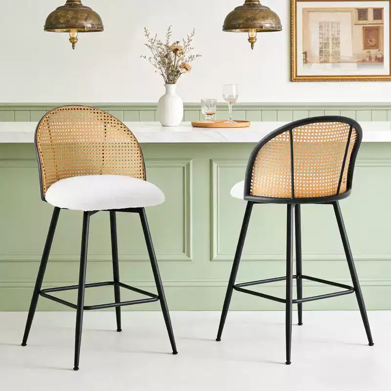 Bekrvio 26 Tabourets de Bar Pivotants Mid-Century Modern Lot de 2/3/4, Chaises de Bar Rembourrées Bouclées avec Dossier en Rotin et Pieds en Métal pour Comptoir de Cuisine