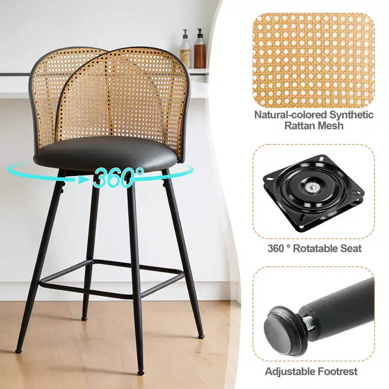 Tabourets de bar pivotants Bekrvio 26 Mid-Century Modern, lot de 2/3/4, chaises de bar rembourrées en similicuir avec dossier en rotin et pieds en métal pour comptoir de cuisine
