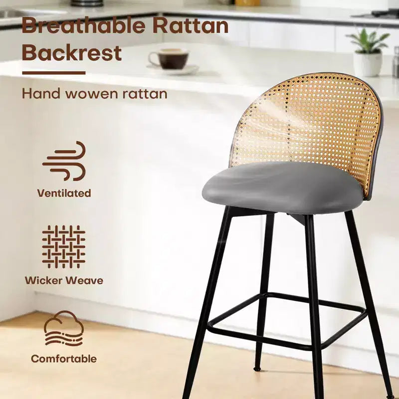 Tabourets de bar pivotants Bekrvio 26 Mid-Century Modern, lot de 2/3/4, chaises de bar rembourrées en similicuir avec dossier en rotin et pieds en métal pour comptoir de cuisine