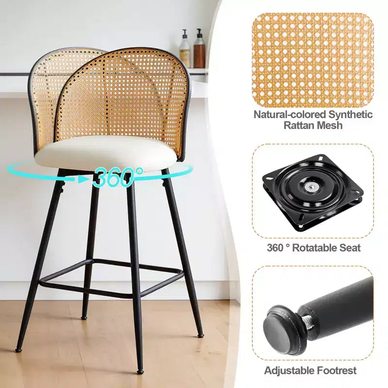 Tabourets de bar pivotants Bekrvio 26 Mid-Century Modern, lot de 2/3/4, chaises de bar rembourrées en similicuir avec dossier en rotin et pieds en métal pour comptoir de cuisine