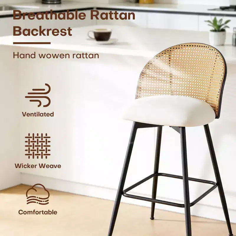 Tabourets de bar pivotants Bekrvio 26 Mid-Century Modern, lot de 2/3/4, chaises de bar rembourrées en similicuir avec dossier en rotin et pieds en métal pour comptoir de cuisine