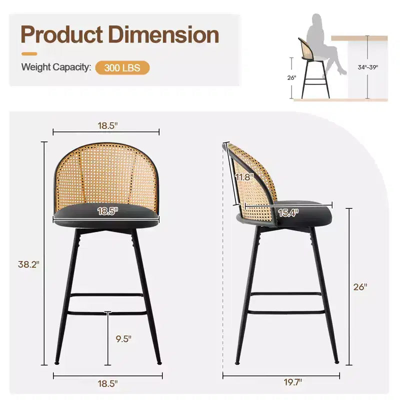 Tabourets de bar pivotants Bekrvio 26 Mid-Century Modern, lot de 2/3/4, chaises de bar rembourrées en similicuir avec dossier en rotin et pieds en métal pour comptoir de cuisine