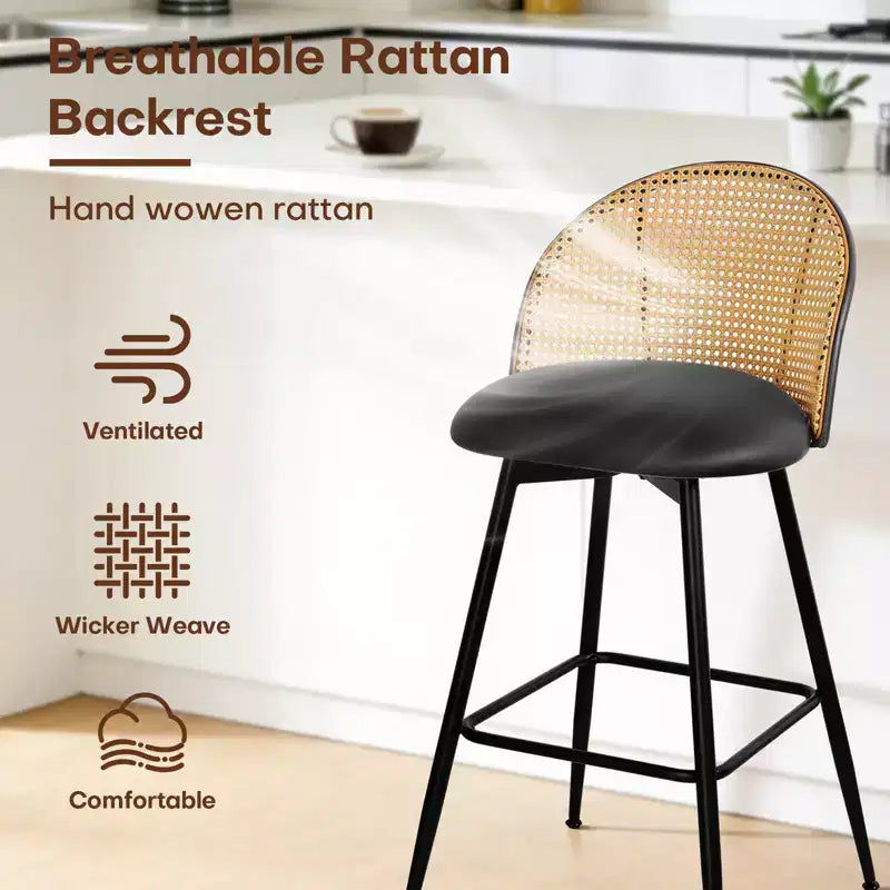 Tabourets de bar pivotants Bekrvio 26 Mid-Century Modern, lot de 2/3/4, chaises de bar rembourrées en similicuir avec dossier en rotin et pieds en métal pour comptoir de cuisine