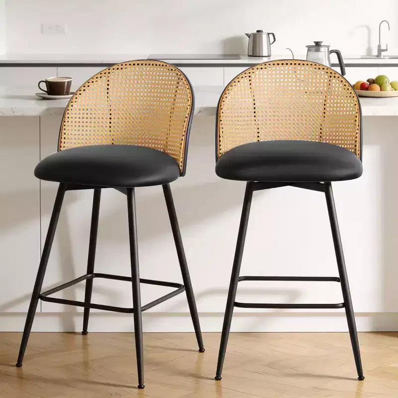 Bekrvio 26 Mid-Century Modern Swivel Bar Stools Set of 2/3/4, Faux Leather Upholstered Bar Chairs with Rattan Back & Metal Legs for Kitchen Counter