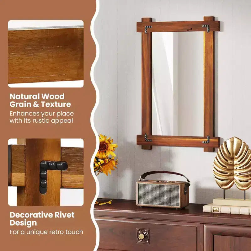 Miroir mural incassable Costway de 30 x 20/35 x 24/40 x 28,5 pouces avec cadre en bois d'acacia et design rivet vintage