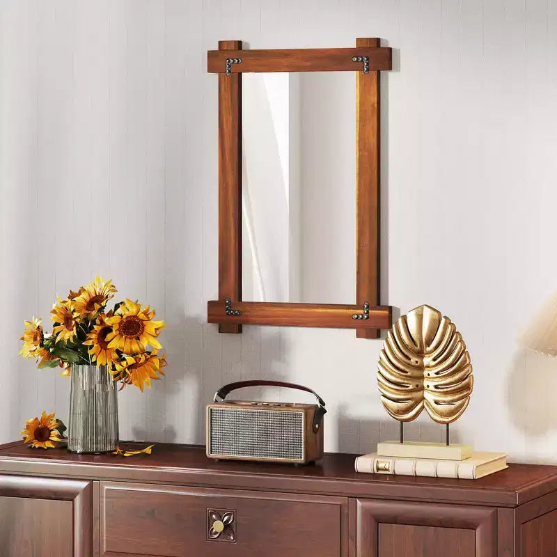 Miroir mural incassable Costway de 30 x 20/35 x 24/40 x 28,5 pouces avec cadre en bois d'acacia et design rivet vintage