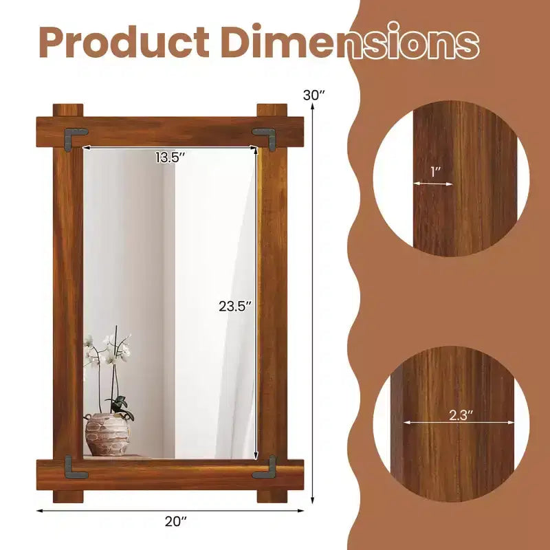Miroir mural incassable Costway de 30 x 20/35 x 24/40 x 28,5 pouces avec cadre en bois d'acacia et design rivet vintage