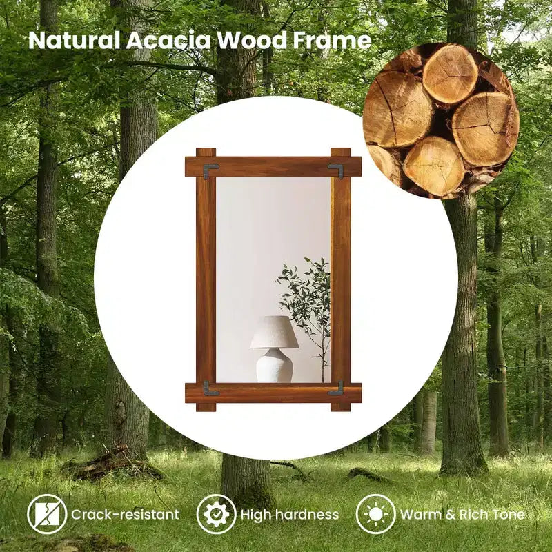 Miroir mural incassable Costway de 30 x 20/35 x 24/40 x 28,5 pouces avec cadre en bois d'acacia et design rivet vintage