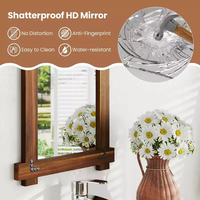 Miroir mural incassable Costway de 30 x 20/35 x 24/40 x 28,5 pouces avec cadre en bois d'acacia et design rivet vintage