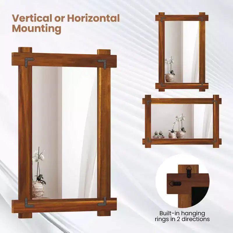 Miroir mural incassable Costway de 30 x 20/35 x 24/40 x 28,5 pouces avec cadre en bois d'acacia et design rivet vintage