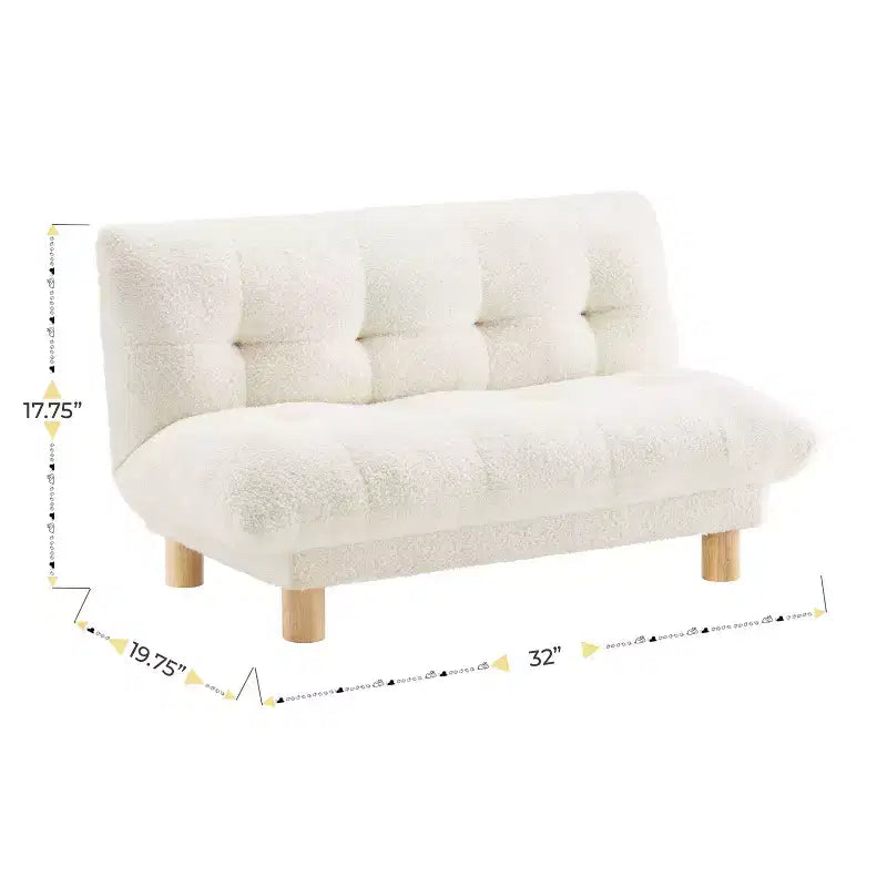 Canapé Enfant Rembourré en Fausse Fourrure de Mouton Buzz & Bloom avec Assise et Dossier Capitonnés, Pieds en Bois Guimauve