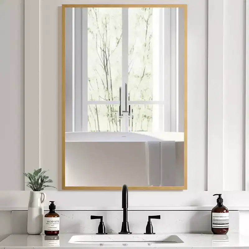Aluminum Alloy Thin Edge Right Angle Rectangular Gold Hanging Mirror 91x61x1.5cm(Double-Sided Installation)