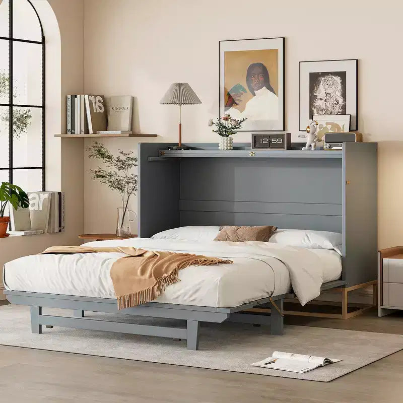 Whisen Modern Design Queen Size Murphy Bed, Folded into a Cabinet with Iron Legs