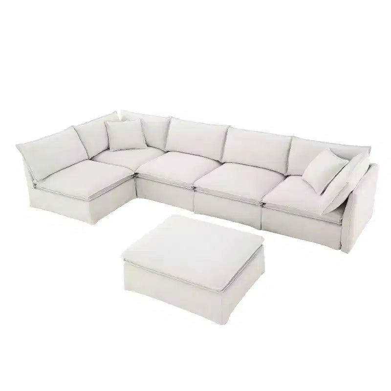 Whisen Canapé sectionnel modulaire 6 places 125,5 avec pouf mobile Tissu chenille siège large Combinaison libre pour salon appartement