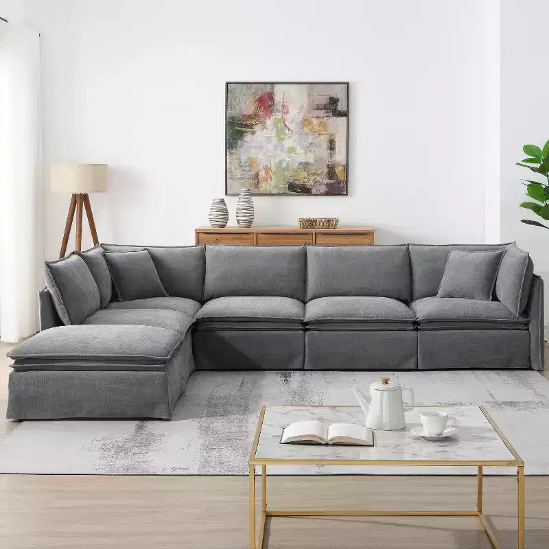 Whisen Canapé sectionnel modulaire 6 places 125,5 avec pouf mobile Tissu chenille siège large Combinaison libre pour salon appartement