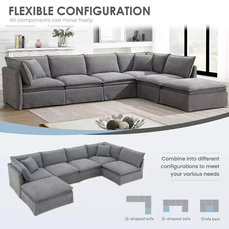Whisen Canapé sectionnel modulaire 6 places 125,5 avec pouf mobile Tissu chenille siège large Combinaison libre pour salon appartement