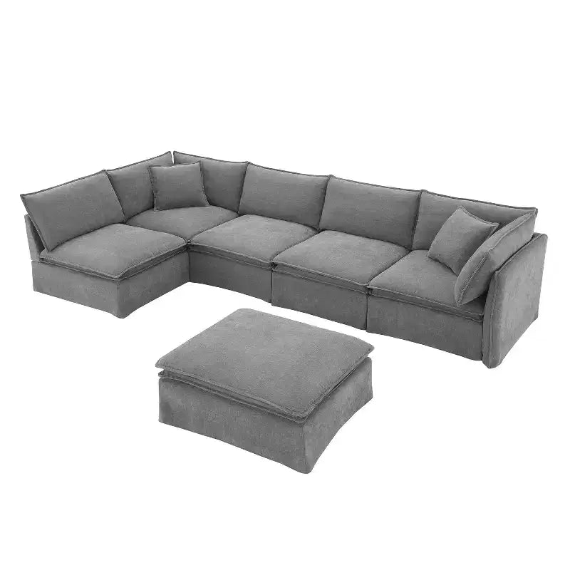 Whisen Canapé sectionnel modulaire 6 places 125,5 avec pouf mobile Tissu chenille siège large Combinaison libre pour salon appartement
