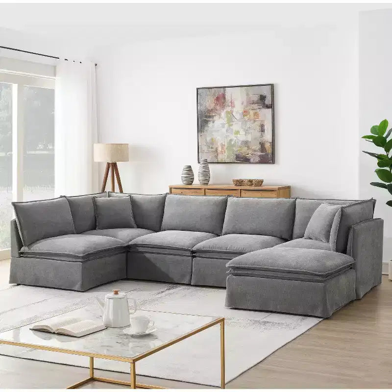 Whisen 125.5 Modular 6-Seat Sectional Sofa with Movable Ottoman Wide Seat Chenille Fabric Free Combination for Living Room Apartment