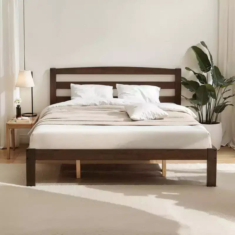Subrtex Solid Wood Platform Bed with Headboard, Bed Frame with Wood Slat Support, Walnut