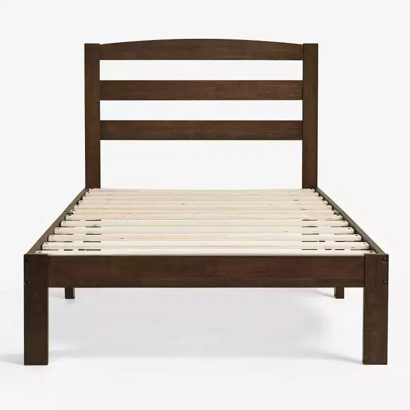 Lit plateforme en bois massif Subrtex avec tête de lit, cadre de lit avec support à lattes en bois, noyer