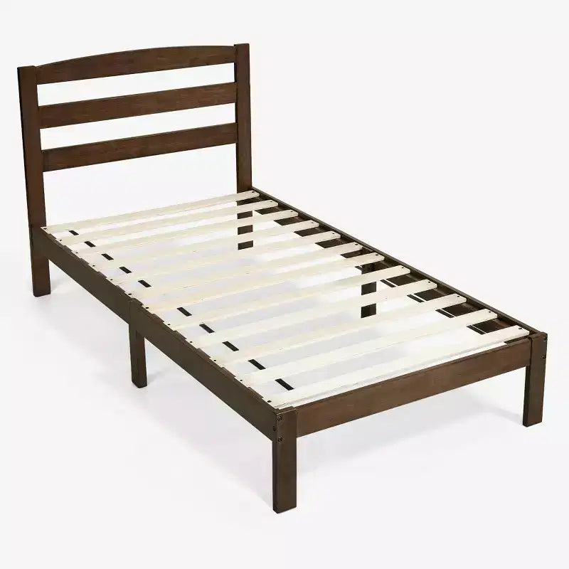 Lit plateforme en bois massif Subrtex avec tête de lit, cadre de lit avec support à lattes en bois, noyer
